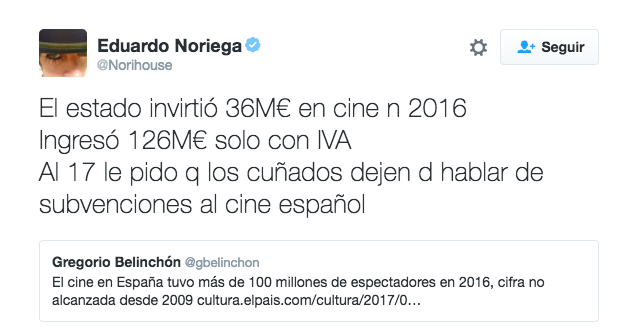Eduardo Noriega hace saltar la polémica de la subvenciones concedidas al cine español