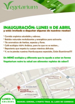 Inauguración de Vegetarium Barcelona este  Lunes 11 de abril: estás invitado