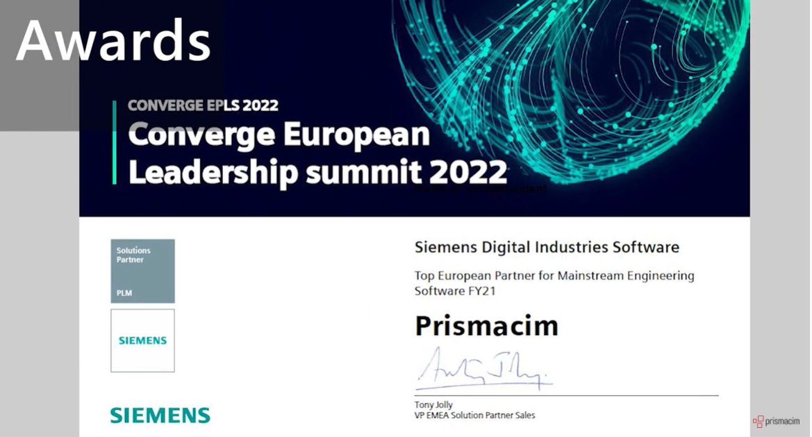 PRISMACIM nombrado Top Partner EUROPEO de Mainstream Engineering en el evento de Siemens Converge EPLS 2022