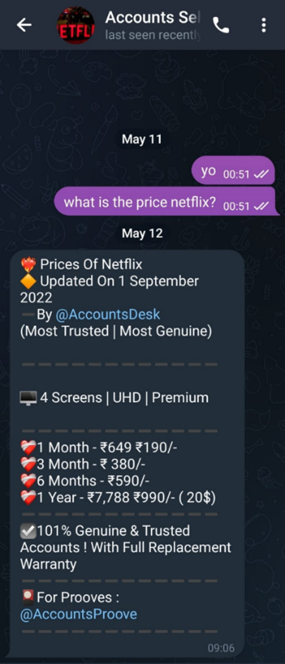 Fotografia Telegram venta cuentas Netflix